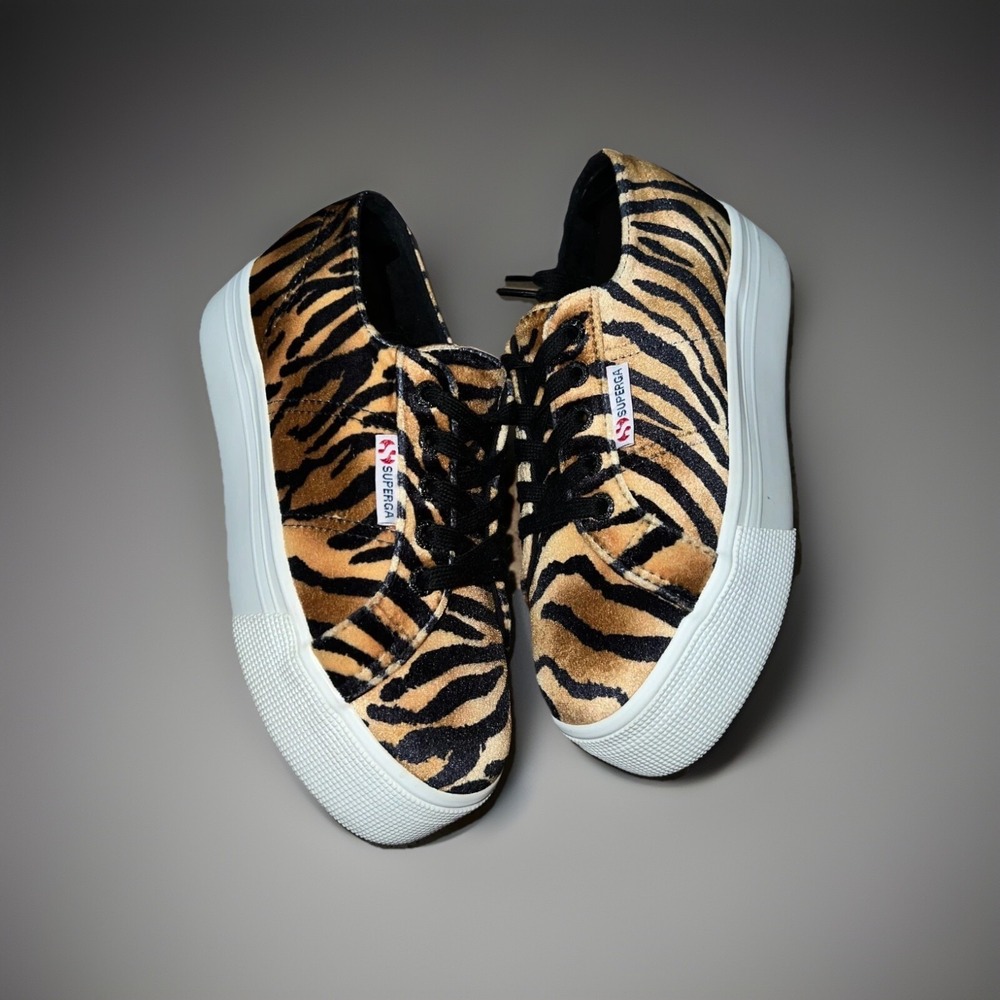 Superga Womens Velvet Cognac Zebra Tiger Animal Print Platform Sneakers 36